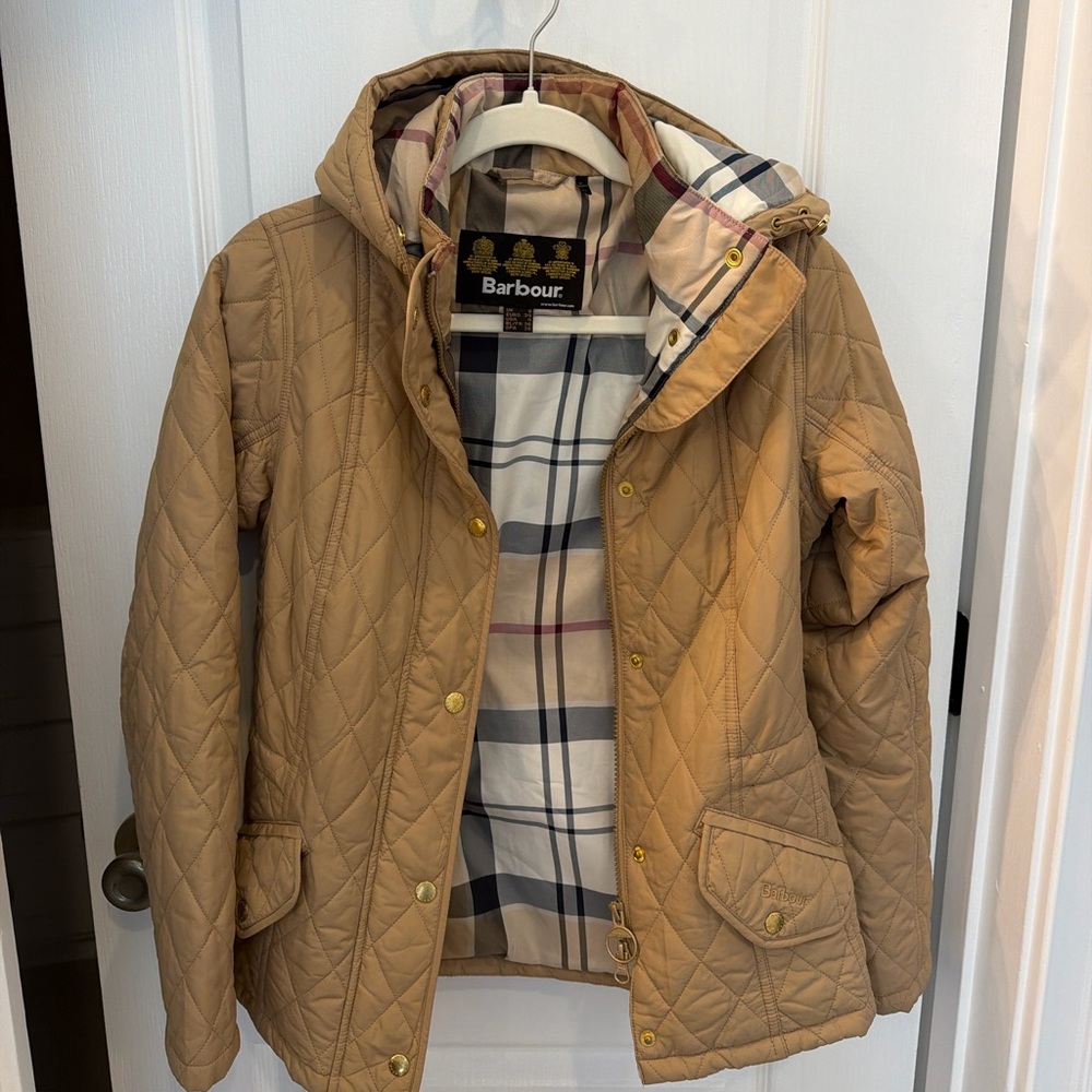Barbour Women’s Quilted Jacket Tan Hooded Tartan Lining USA Sz 4